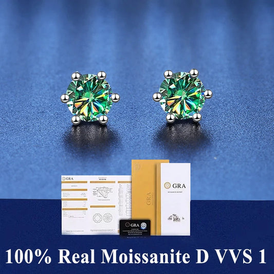 GRA 100% Real Sterling Silver with 2 Certificates Moissanite 6 Prong Earrings D Color Stud for Women Top Quality Wedding Jewelry