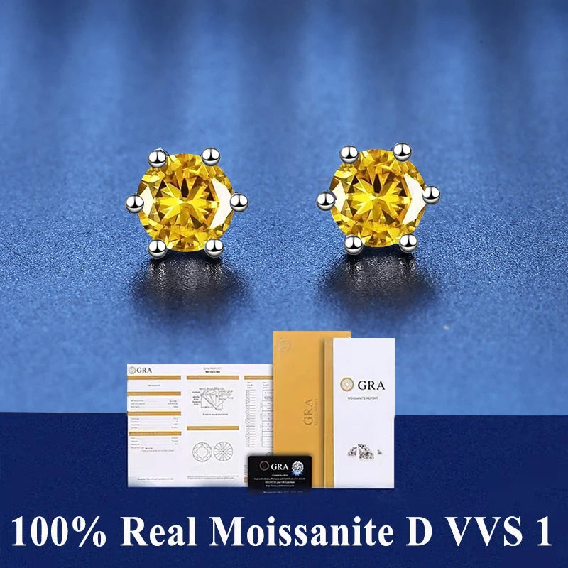 GRA 100% Real Sterling Silver with 2 Certificates Moissanite 6 Prong Earrings D Color Stud for Women Top Quality Wedding Jewelry