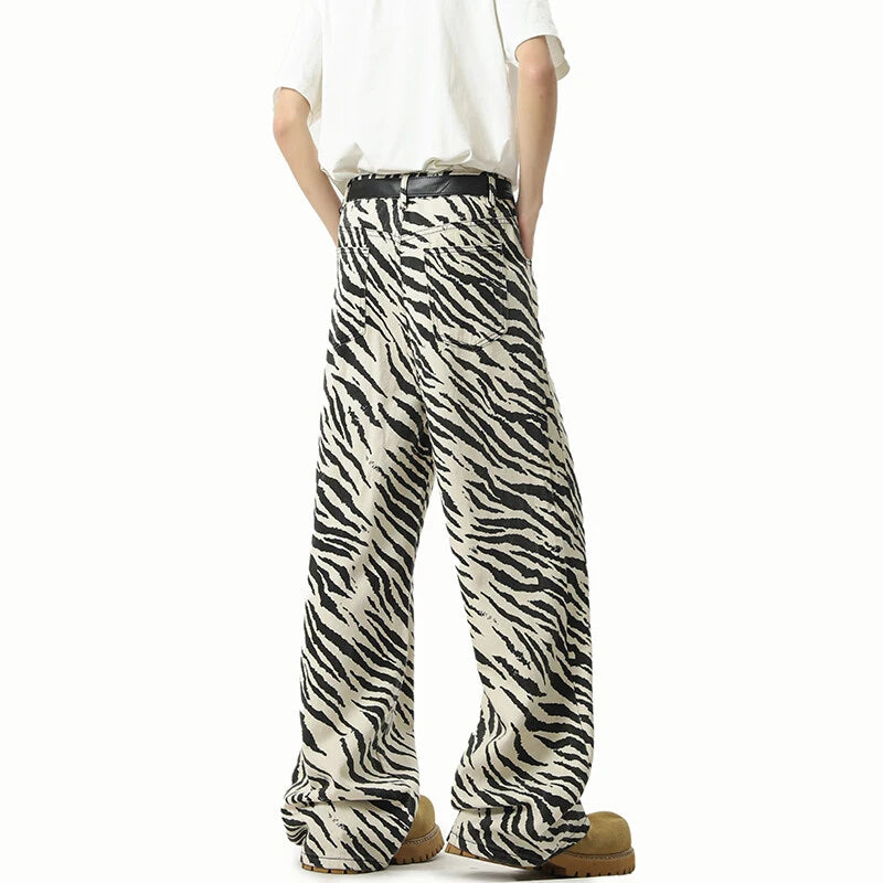 High Street Men'S Denim Pants Straight Wide Leg Stripe Pattern Contrast Color Niche Design Male Jeans Summer 2025 9W3208