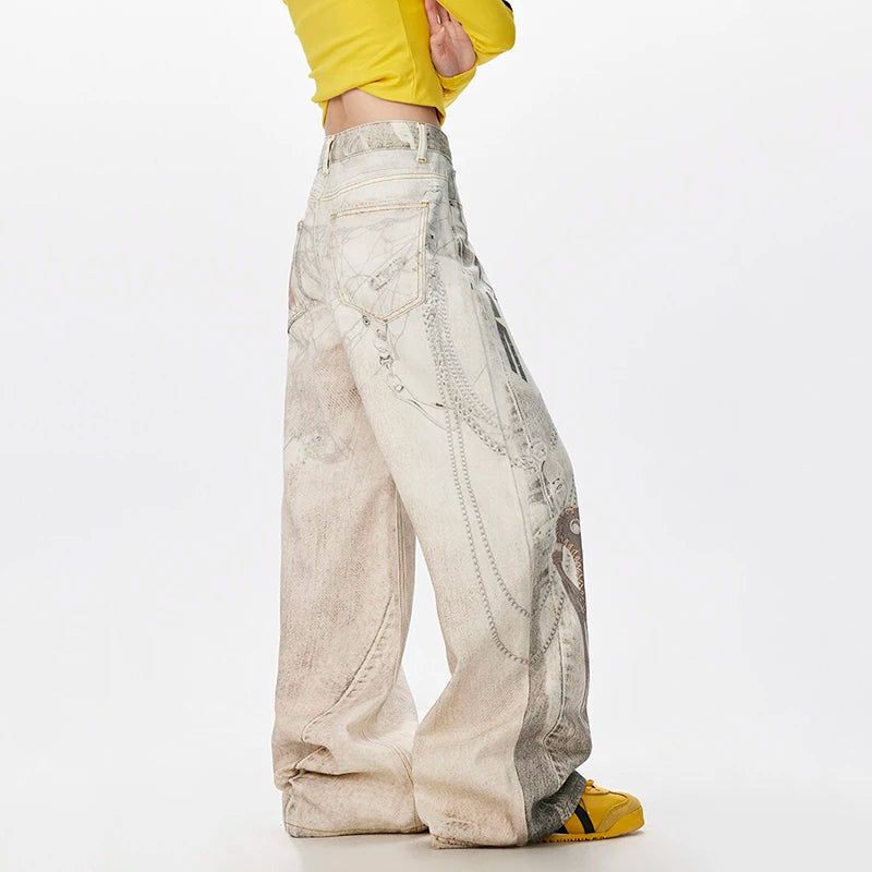 American Style Digital Print Chain Denim Pants Summer New Fashion Contrast Color Male Baggy Denim Pants Streetwear 9W3812
