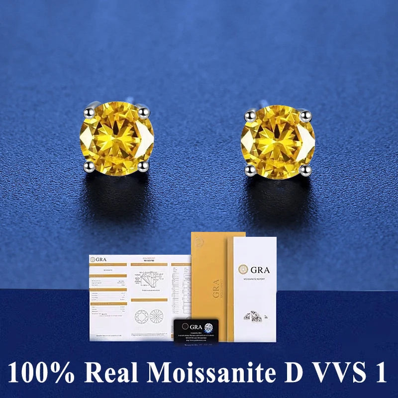 GRA 100% Real Sterling Silver with 2 Certificates Moissanite 6 Prong Earrings D Color Stud for Women Top Quality Wedding Jewelry