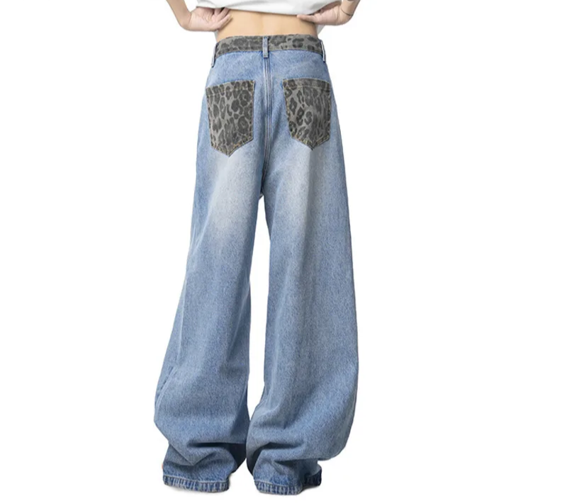 New Fashion Men'S Jeans Washing Leopard Print Patchwork Contrats Color Trousers Straight Wide Leg Male Denim Pants 9W3861