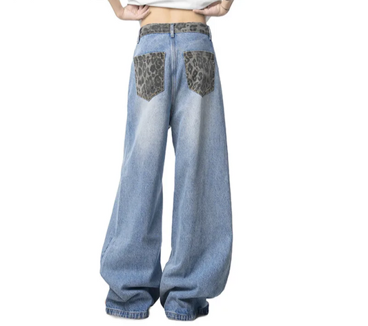 New Fashion Men'S Jeans Washing Leopard Print Patchwork Contrats Color Trousers Straight Wide Leg Male Denim Pants 9W3861