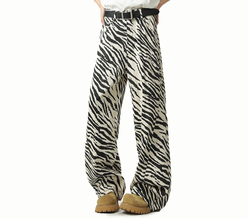 High Street Men'S Denim Pants Straight Wide Leg Stripe Pattern Contrast Color Niche Design Male Jeans Summer 2025 9W3208