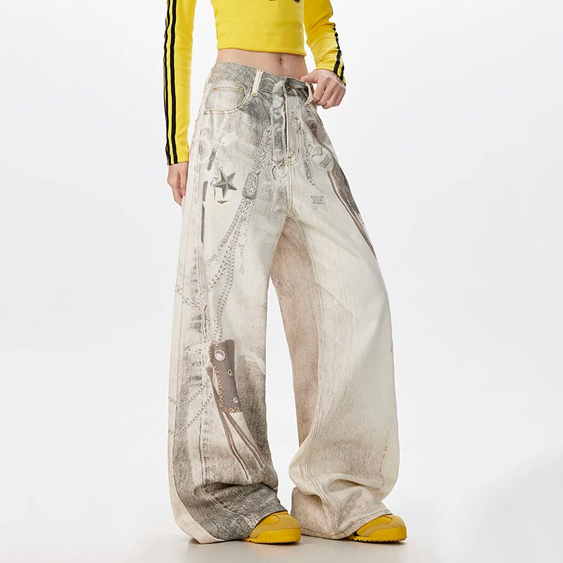 American Style Digital Print Chain Denim Pants Summer New Fashion Contrast Color Male Baggy Denim Pants Streetwear 9W3812