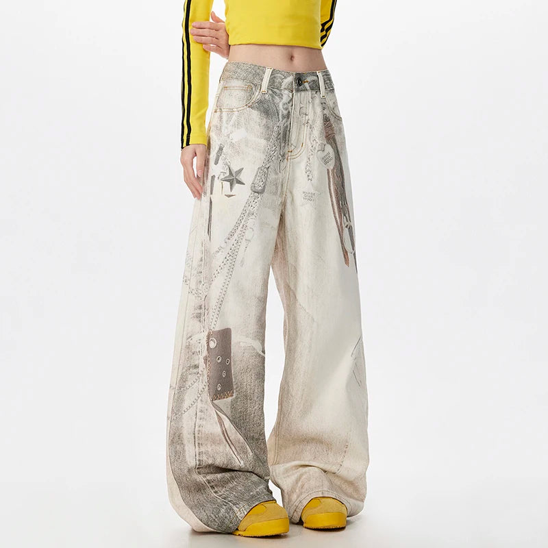 American Style Digital Print Chain Denim Pants Summer New Fashion Contrast Color Male Baggy Denim Pants Streetwear 9W3812