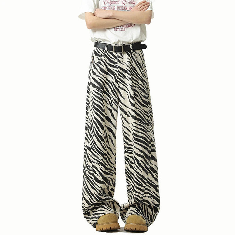 High Street Men'S Denim Pants Straight Wide Leg Stripe Pattern Contrast Color Niche Design Male Jeans Summer 2025 9W3208