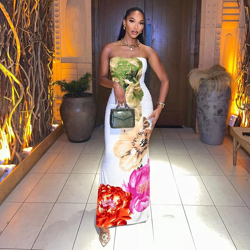 Floral Printed Strapless Backless Dress