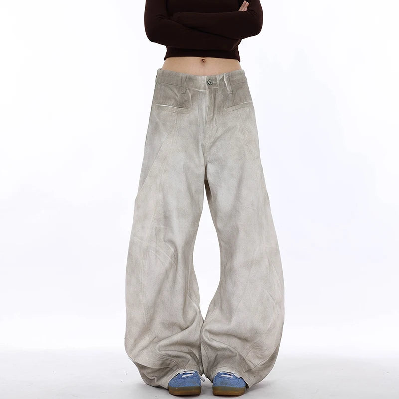 American Men Curved-Knife Jeans Washed White Tie-Dyed Deconstructed New Loose Wide Leg Denim Pants Trend Women Baggy 9W3678