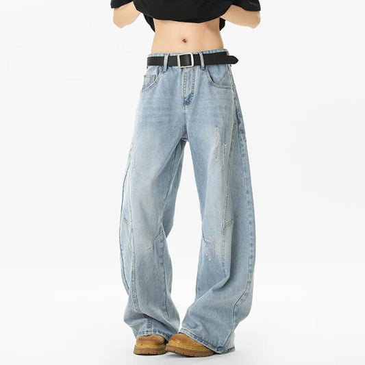 Korean Style Men'S Denim Pants Solid Color Holes Design Casual Straight Trousers Wide Leg Loose Male Jeans Summer 9W3405