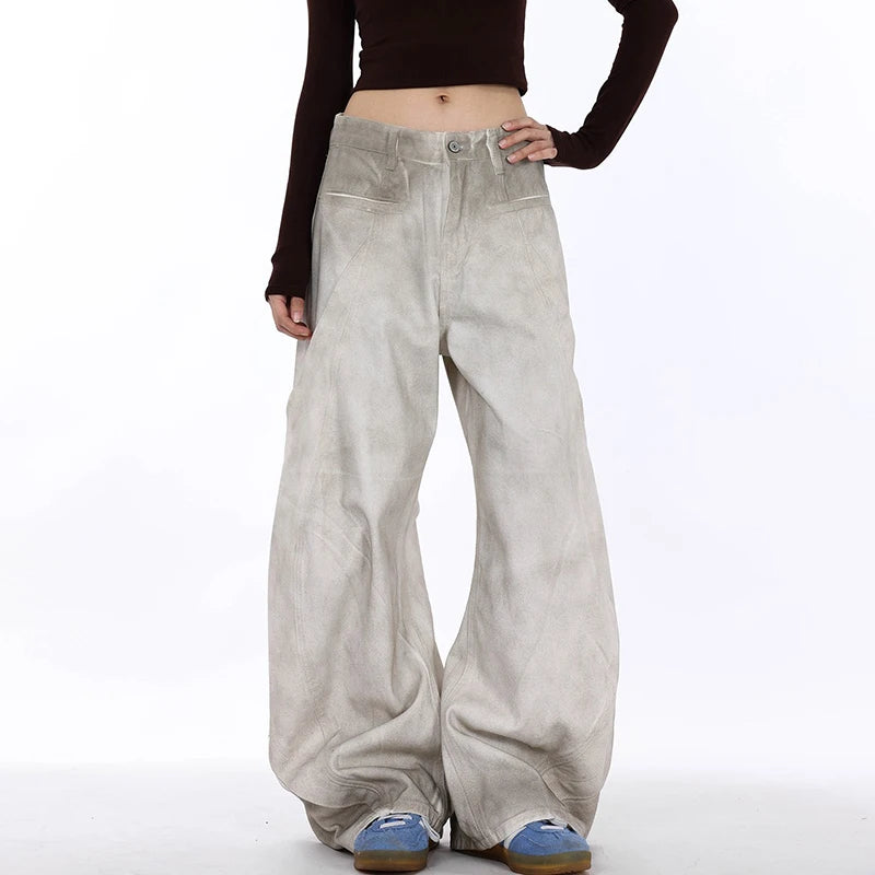 American Men Curved-Knife Jeans Washed White Tie-Dyed Deconstructed New Loose Wide Leg Denim Pants Trend Women Baggy 9W3678