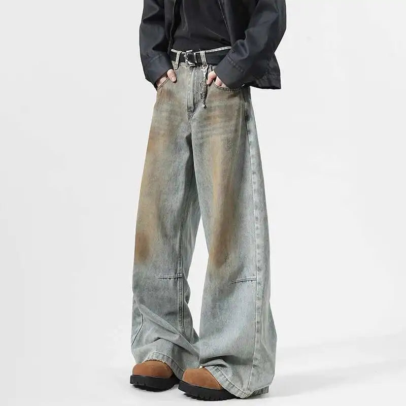 Niche Design Men'S Denim Pants Splotch Worn-Out Contrast Color Casual Trousers Wide Leg Menswear Straight Male Jeans 9W463