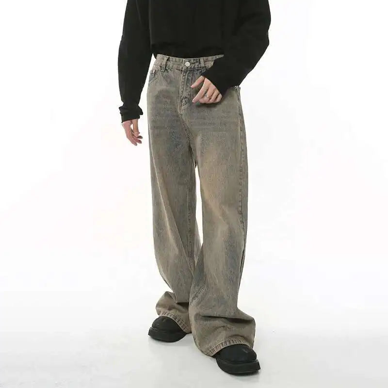 2024 Spring Men'S Baggy Jeans Worn Out Loose Wide Leg Denim Pants Chic Distressed Streetwear Vintage Male Trousers 9C2019