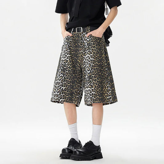 Niche Design Men'S Denim Shorts Leopard Printing Casual Cropped Trousers Washed Wide Leg Loose Male Jeans New Trendy 9W3173