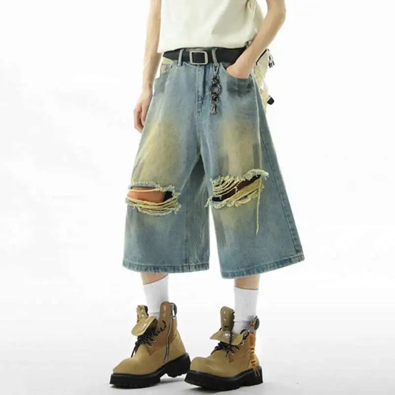 Summer New Stylish Men Denim Shorts Hole Design Worn-Out American Style Seven Point Jeans Vintage Baggy Male Bottoms 9W2284