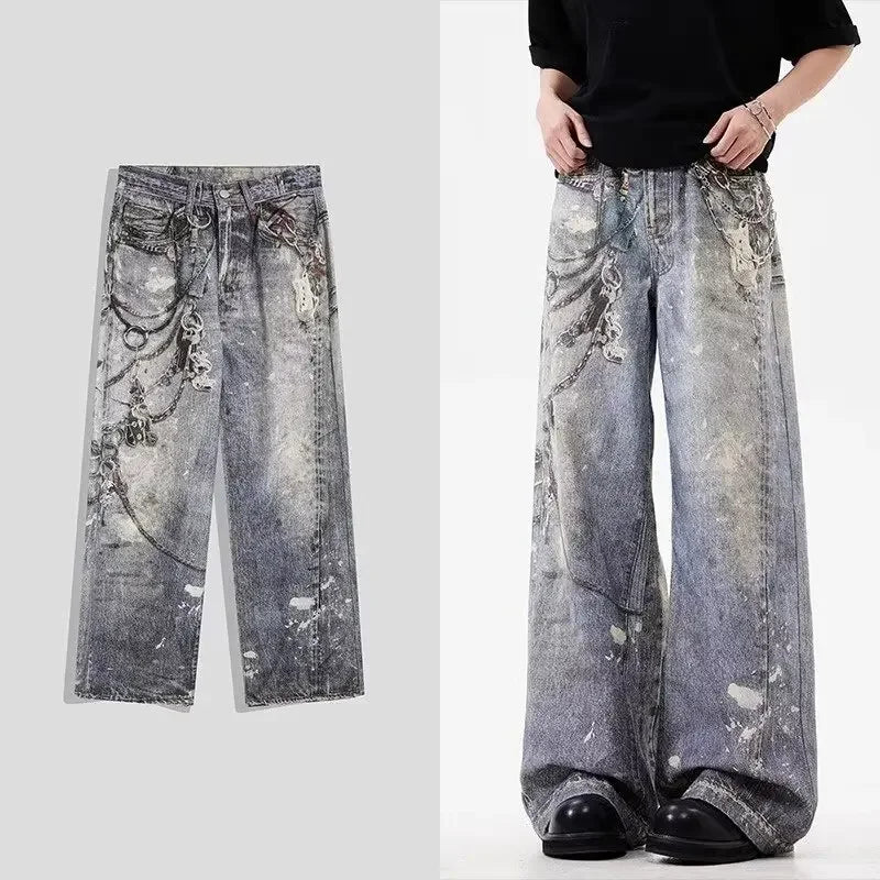 “Marcel” 3D Chain Baggy Straight Denim Pants