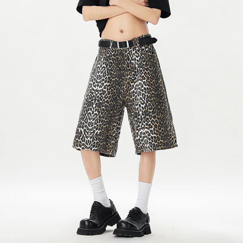 Niche Design Men'S Denim Shorts Leopard Printing Casual Cropped Trousers Washed Wide Leg Loose Male Jeans New Trendy 9W3173