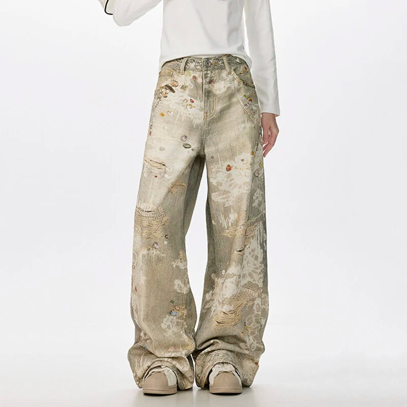 Niche Design Men'S Denim Pants Digital Printing Contrats Color Casual Trousers Wide Leg Loose All-Match Male Jeans 9W3713