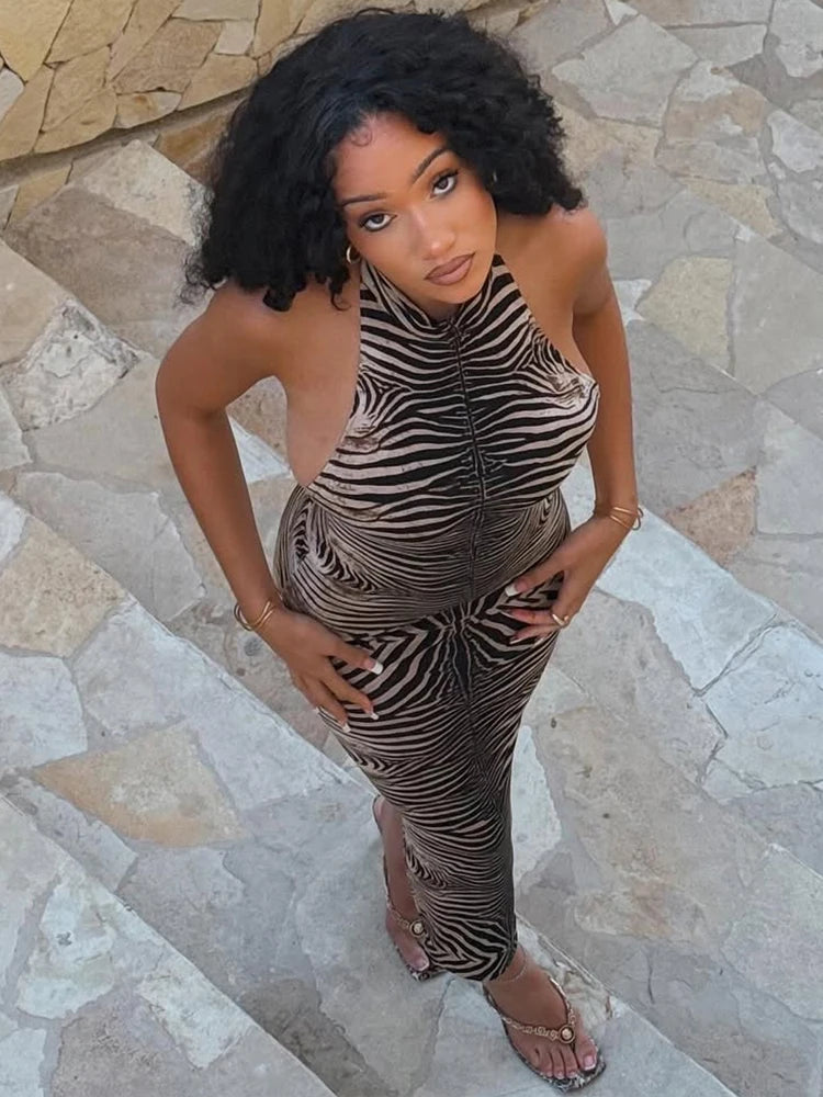 Stunning Stripe Print Maxi Dress Summer Hipster Halter Backless Straight Skinny Long Robe Female Vintage Sexy Frock