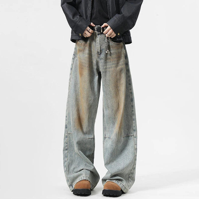 Niche Design Men'S Denim Pants Splotch Worn-Out Contrast Color Casual Trousers Wide Leg Menswear Straight Male Jeans 9W463