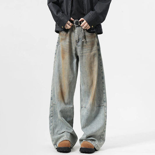 Niche Design Men'S Denim Pants Splotch Worn-Out Contrast Color Casual Trousers Wide Leg Menswear Straight Male Jeans 9W463