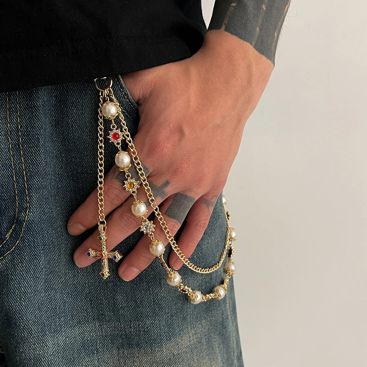 Cross Pendant Pearl Keychain Belt Chains