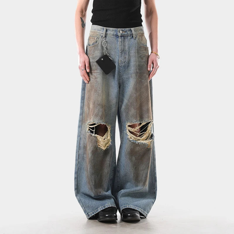 American Style Washed Distressed Ripped Jeans Men Loose Trendy Wide Leg High Street Baggy Denim Pants Hole Design 9W4032