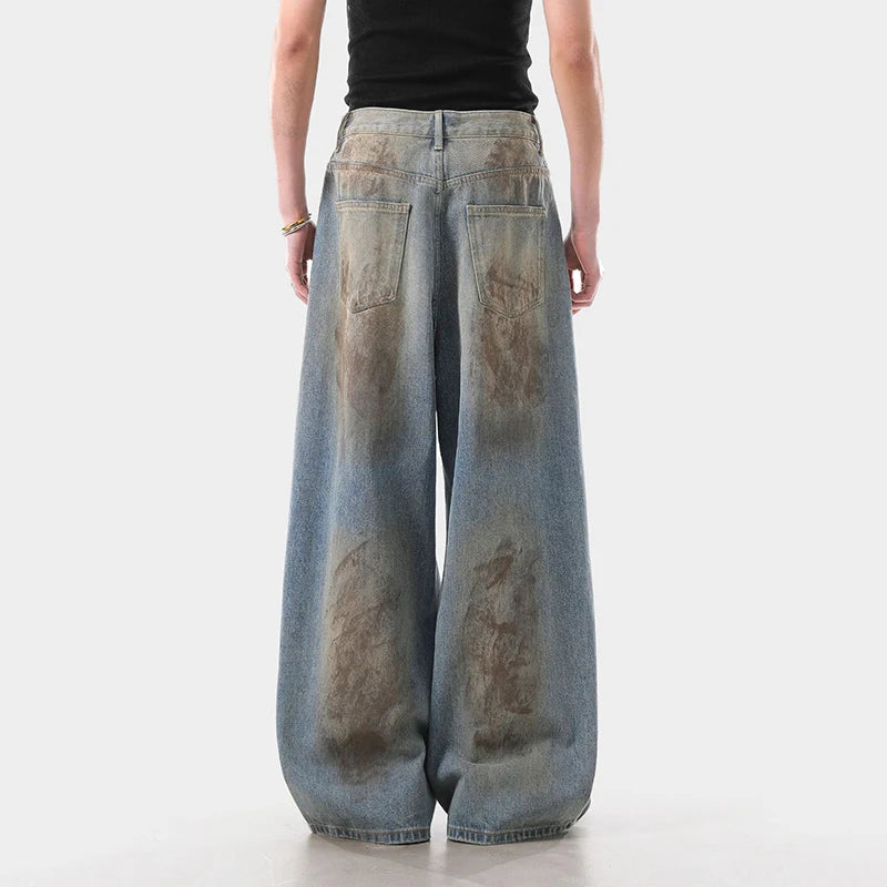 American Style Washed Distressed Ripped Jeans Men Loose Trendy Wide Leg High Street Baggy Denim Pants Hole Design 9W4032