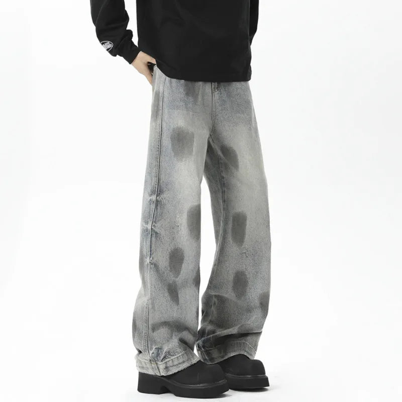 Loose Fit Male Denim Pants Summer New Trendy Tie-Dyed Dot Printing Baggy Jeans Men 2025 Straight Wide Leg Trousers 9W3929