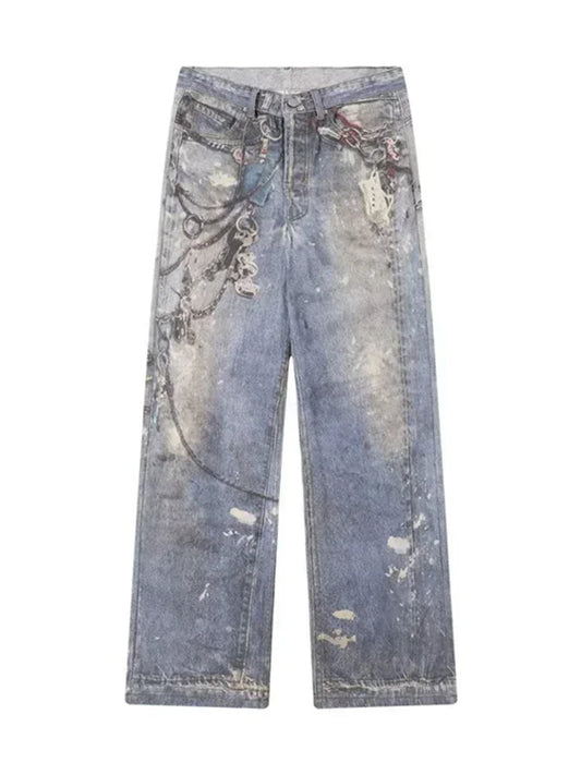 “Marcel” 3D Chain Baggy Straight Denim Pants