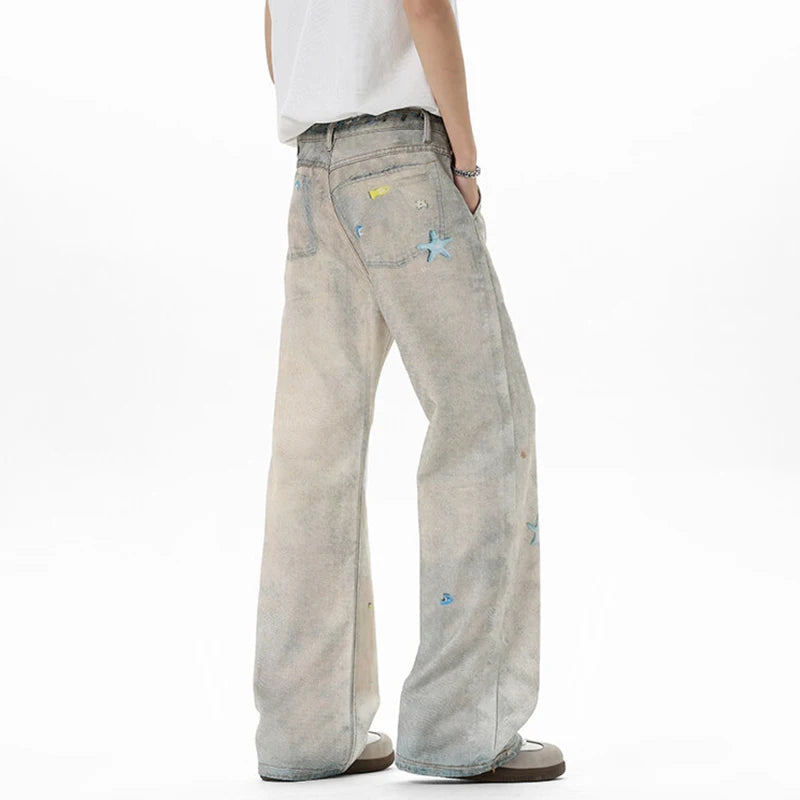 American Style Men'S Fashion Tide Jeans High Street Pearl Printing Straight Wide Leg Male Denim Pants Summer 9W3594