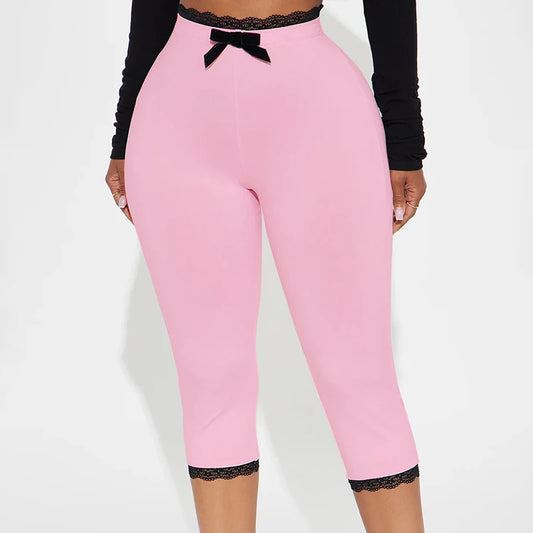 Sexy Hottie Lace Edge Bow Decoration Leopard Print Slim Seven Pants Summer New Women'S Fashion Street Casual Seven Pant