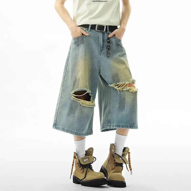 Summer New Stylish Men Denim Shorts Hole Design Worn-Out American Style Seven Point Jeans Vintage Baggy Male Bottoms 9W2284