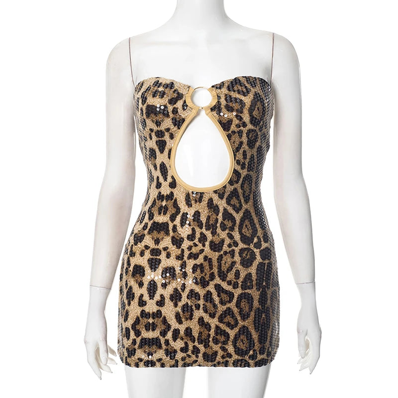 Spring Summer Leopard Print Sequins Strapless Iron Ring Hollow Out Dew Backpack Hip Sexy Slim Evening Dress for Women