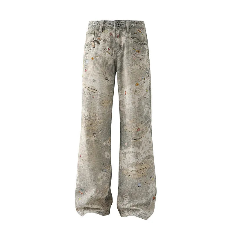 Niche Design Men'S Denim Pants Digital Printing Contrats Color Casual Trousers Wide Leg Loose All-Match Male Jeans 9W3713
