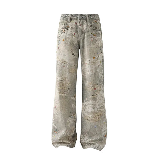 Niche Design Men'S Denim Pants Digital Printing Contrats Color Casual Trousers Wide Leg Loose All-Match Male Jeans 9W3713