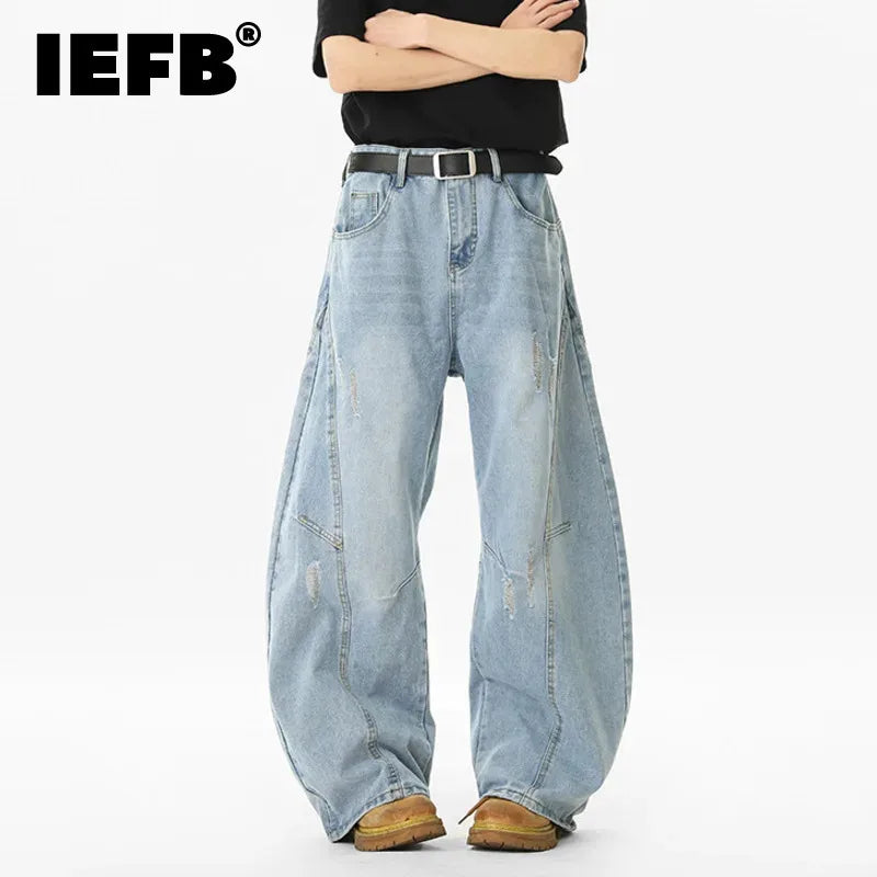 Korean Style Men'S Denim Pants Solid Color Holes Design Casual Straight Trousers Wide Leg Loose Male Jeans Summer 9W3405