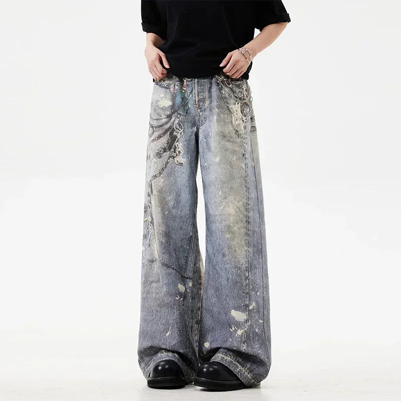“Marcel” 3D Chain Baggy Straight Denim Pants