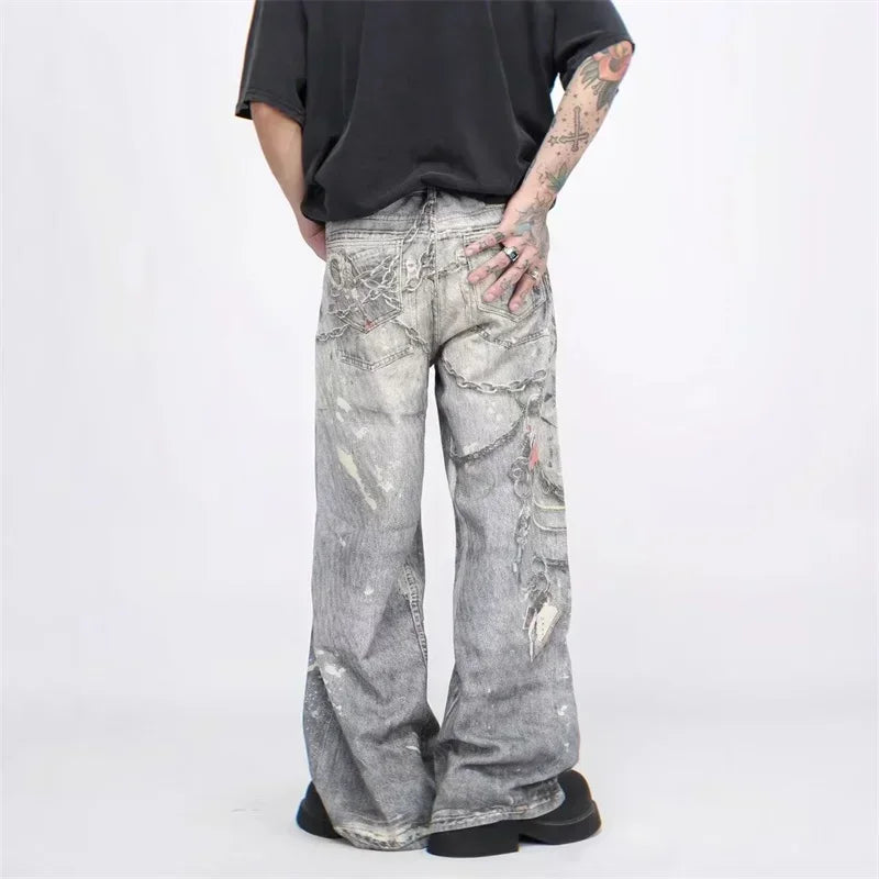 “Marcel” 3D Chain Baggy Straight Denim Pants