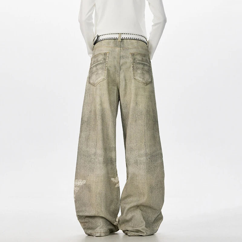 Niche Design Men'S Denim Pants Digital Printing Contrats Color Casual Trousers Wide Leg Loose All-Match Male Jeans 9W3713