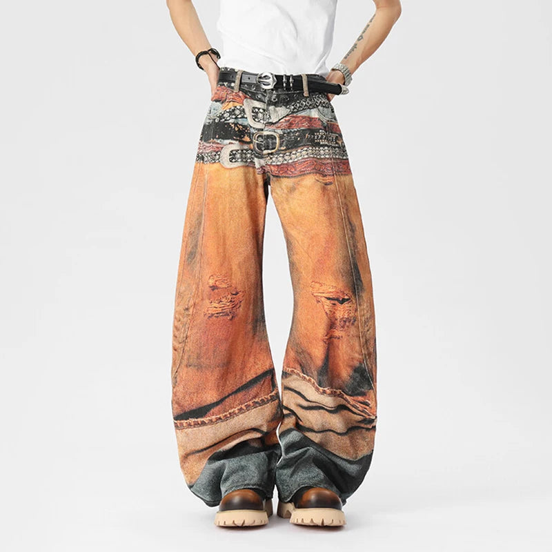 “Marcel”belt digital print pants