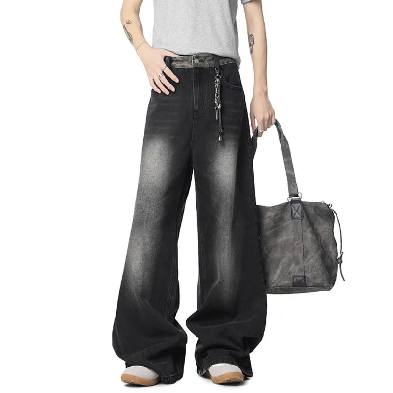 New Fashion Men'S Jeans Washing Leopard Print Patchwork Contrats Color Trousers Straight Wide Leg Male Denim Pants 9W3861