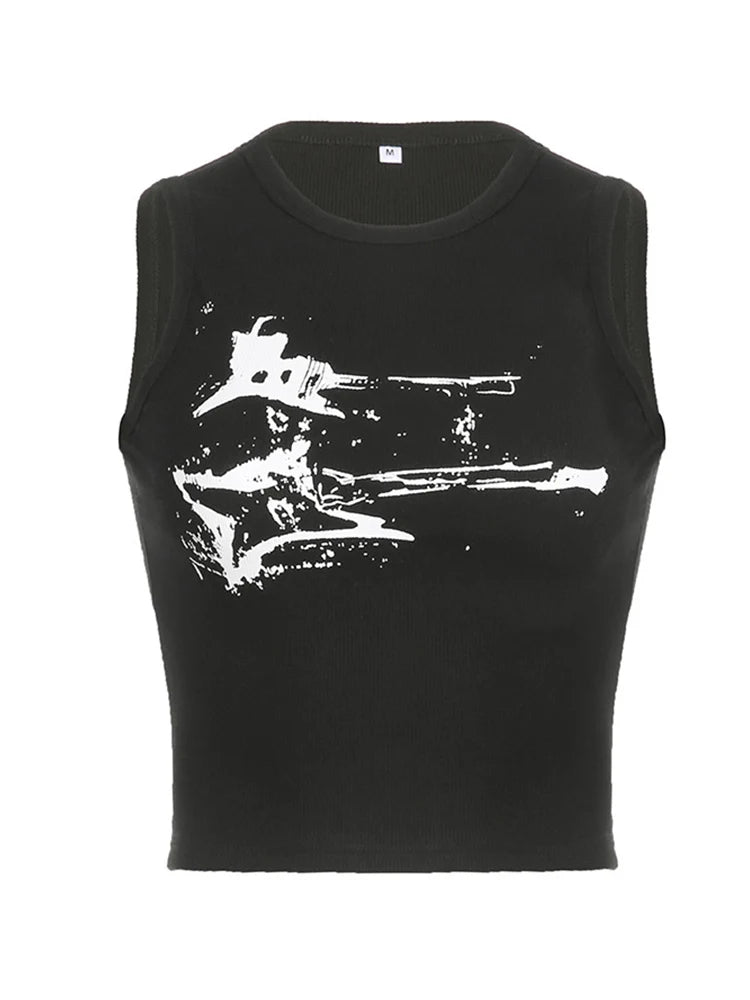 Guitar Print Sleeveless Tank Top Y2K Casual Ribbed Women Grunge Crop Top Harajuku Fashion Vest Tee 90S Street Outfits