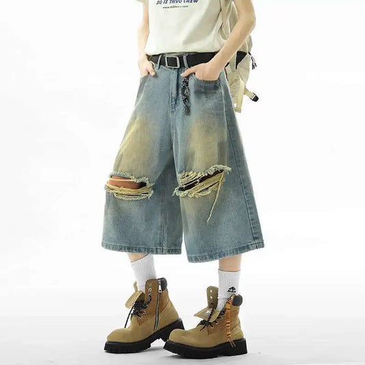 Summer New Stylish Men Denim Shorts Hole Design Worn-Out American Style Seven Point Jeans Vintage Baggy Male Bottoms 9W2284