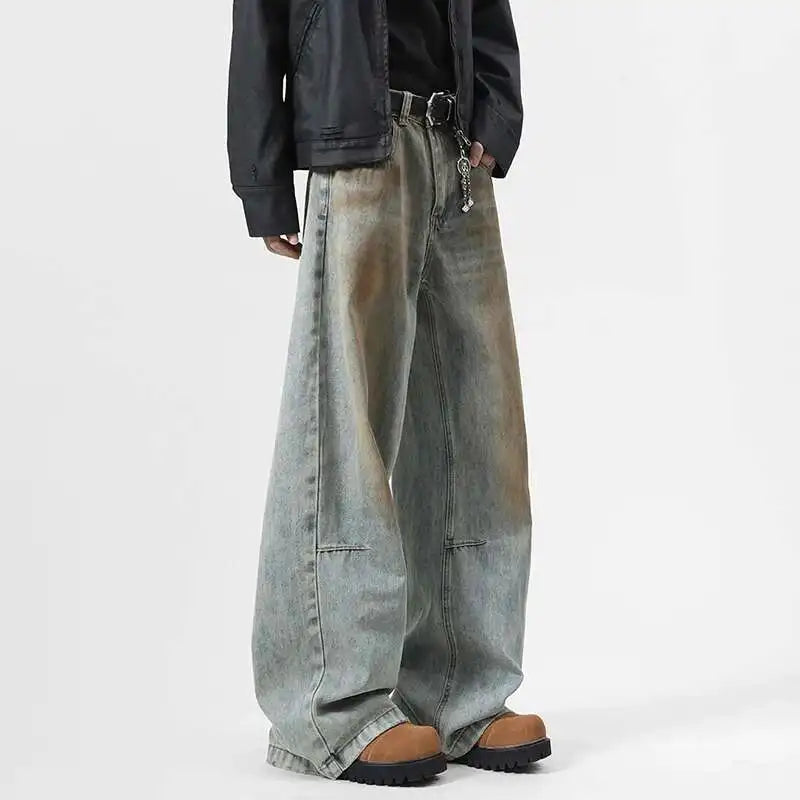 Niche Design Men'S Denim Pants Splotch Worn-Out Contrast Color Casual Trousers Wide Leg Menswear Straight Male Jeans 9W463