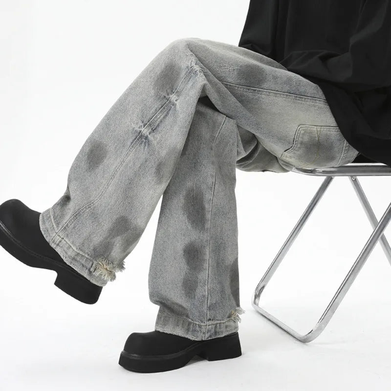 Loose Fit Male Denim Pants Summer New Trendy Tie-Dyed Dot Printing Baggy Jeans Men 2025 Straight Wide Leg Trousers 9W3929