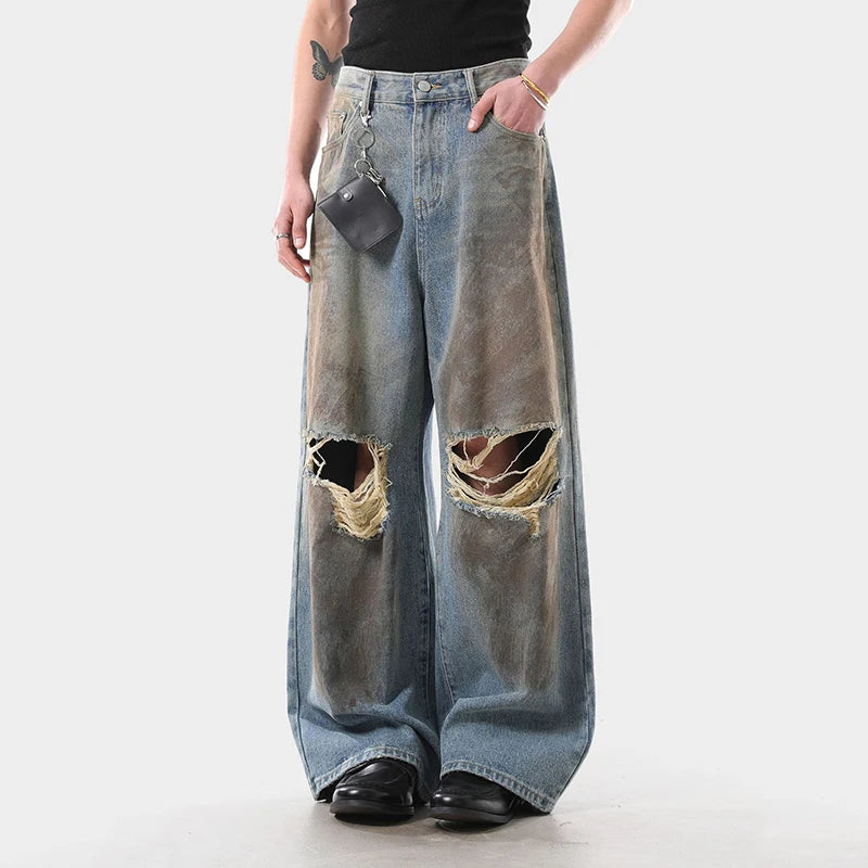 American Style Washed Distressed Ripped Jeans Men Loose Trendy Wide Leg High Street Baggy Denim Pants Hole Design 9W4032