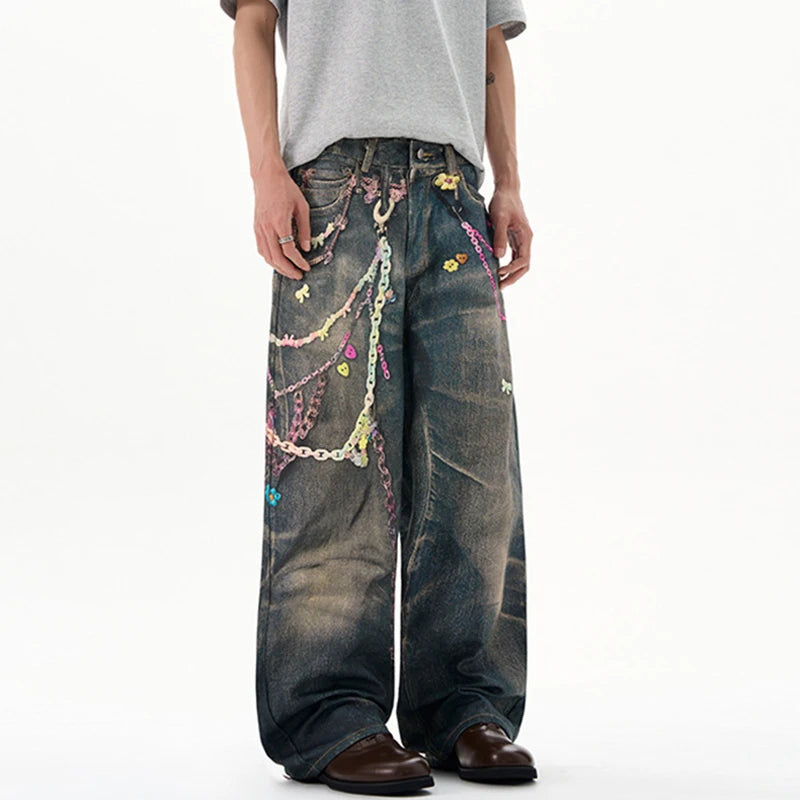 High Street Men'S Jeans Chians Printing Contrast Color Casual Straight Leg Trousers Loose Washing Male Denim Pants 9W3587