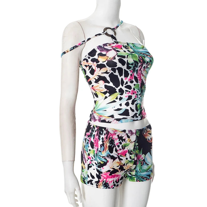 Summer Women'S New Printed Set Irregular Circle Buckle Halter Backless Top + Skinny Shorts Sexy Sets