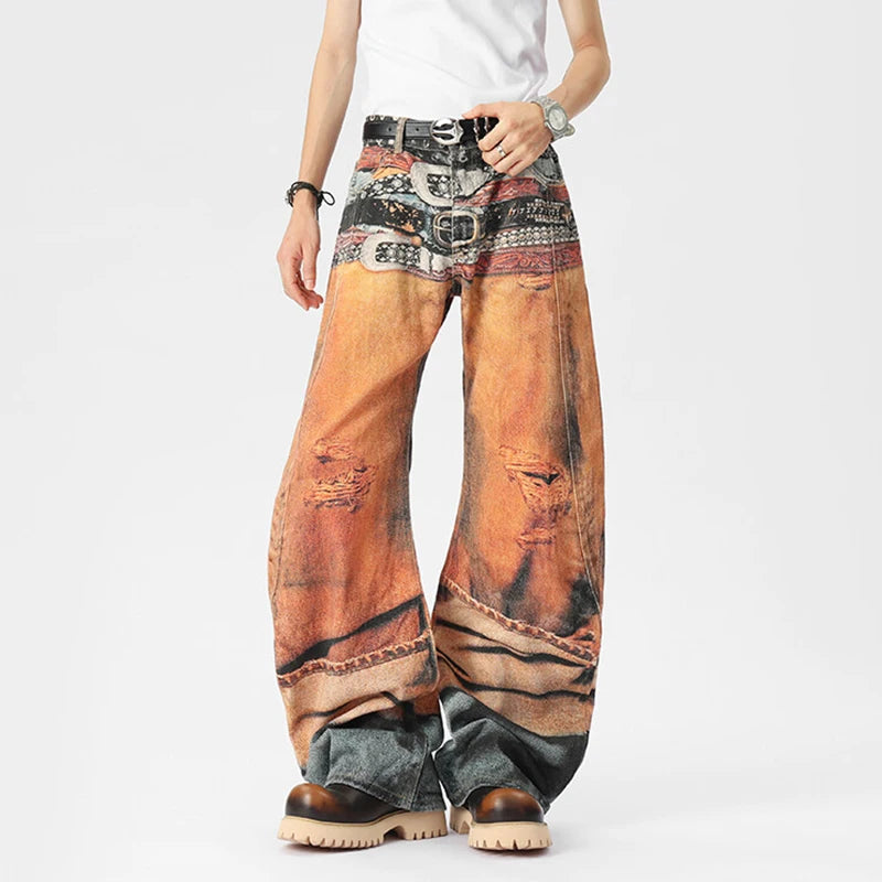 “Marcel”belt digital print pants